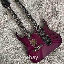 Purple 12+6 String Double Neck Acoustic Electric Guitar Special Shaped FR Bridge