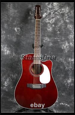 Guitare acoustique électrique rouge à cordes coupées à 12 frettes avec pickguard blanc et table en épicéa massif