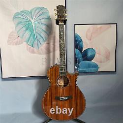 Guitare électro-acoustique en bois de koa avec incrustations d'abalone, corps creux, dorée à six cordes